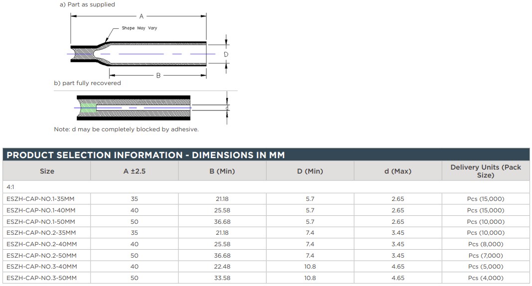 Mechanical Drawing - TE Connectivity ESZH-Cap Heat Shrink End Caps